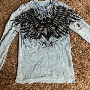 Affliction Light Blue Shirt with Black Wing Graphic